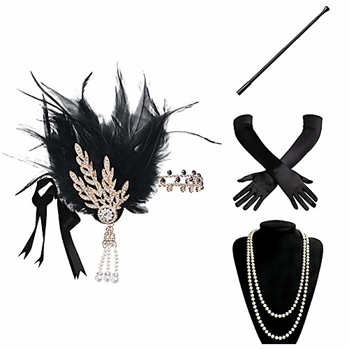 

Charleston 1920s Vintage The Great Gatsby Costume Accessory Sets Flapper Headband Women's Feather Costume Necklace Black Vintage Cosplay Festival / Gloves