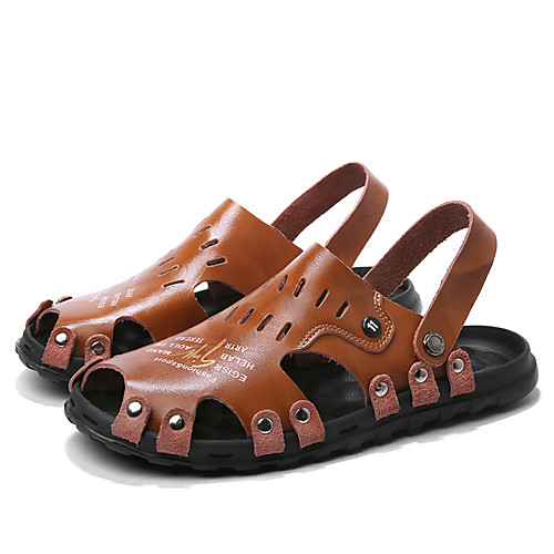 

Men's Summer Casual Daily Sandals Walking Shoes Cowhide Breathable Light Brown / Dark Brown / Black