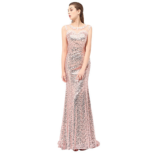 

Mermaid / Trumpet Sparkle Floral Wedding Guest Formal Evening Dress Illusion Neck Sleeveless Sweep / Brush Train Sequined with Crystals Appliques 2021