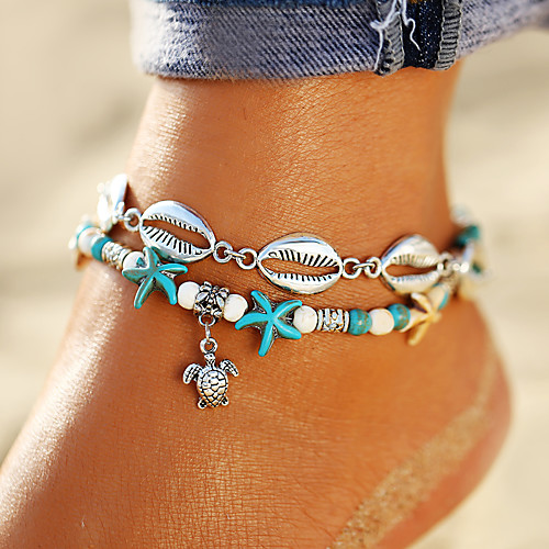 

Ankle Bracelet feet jewelry Bohemian Trendy Women's Body Jewelry For Daily Holiday Double Layered Turquoise Acrylic Alloy Turtle Starfish Silver 1pc