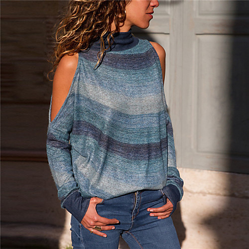 

Women's Striped Long Sleeve Pullover Sweater Jumper, Round Neck Fall Cotton Orange / Blue / Rainbow S / M / L