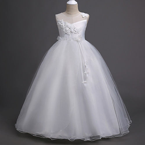 

Princess Long Length Wedding / First Communion Satin / Tulle Sleeveless Jewel Neck with Belt / Appliques