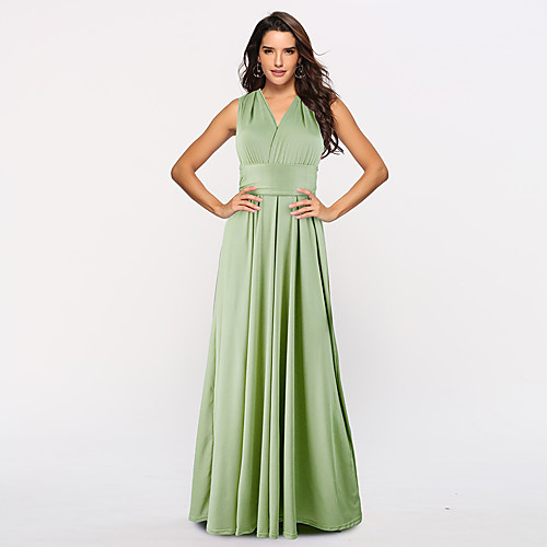 

A-Line Convertible Green Holiday Prom Dress Halter Neck Sleeveless Floor Length Stretch Satin with Sash / Ribbon Pleats 2020