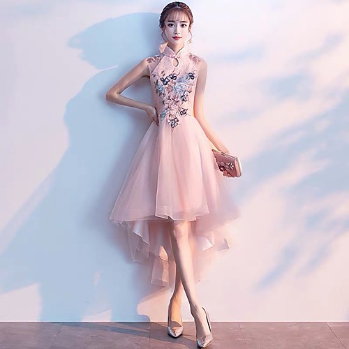 

A-Line Chinese Style Pink Cocktail Party Prom Dress High Neck Sleeveless Asymmetrical Tulle with Embroidery Appliques 2020