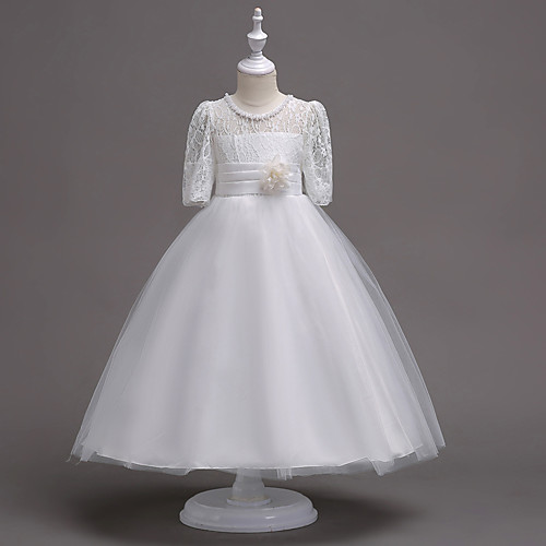 

Princess Tea Length Wedding / First Communion Flower Girl Dresses - Lace / Satin / Tulle Half Sleeve Jewel Neck with Lace / Belt / Beading