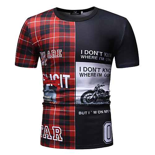 

Men's Plaid Letter Patchwork Print T-shirt Round Neck Blue / Red / Short Sleeve