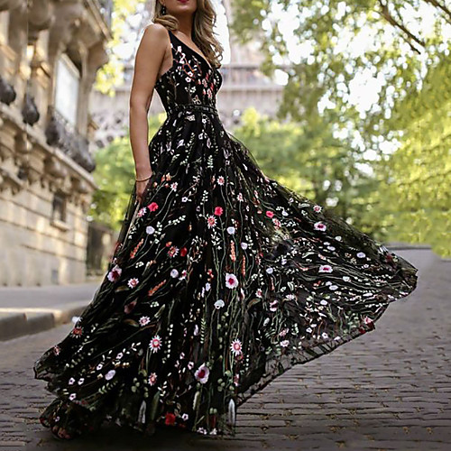 

A-Line Empire Black Holiday Beach Dress V Neck Sleeveless Floor Length Organza Tulle with Pattern / Print 2020