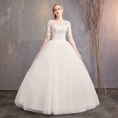 

Ball Gown Wedding Dresses Sweetheart Neckline Floor Length Lace Tulle Half Sleeve Glamorous See-Through Illusion Sleeve with Appliques 2020 / Bell Sleeve
