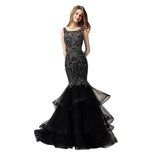 

Mermaid / Trumpet Luxurious Sparkle Prom Formal Evening Dress Jewel Neck Sleeveless Court Train Lace Tulle with Beading Tier 2021