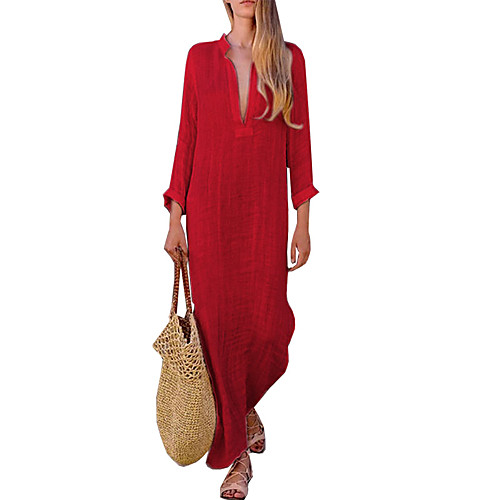 

Women's Shift Dress Maxi long Dress Red Yellow Blushing Pink Light Green Long Sleeve Solid Colored Patchwork Deep V Elegant Boho S M L XL XXL 3XL