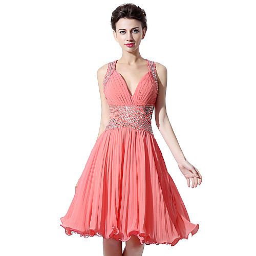 

A-Line Beautiful Back Empire Homecoming Cocktail Party Dress V Neck Sleeveless Knee Length Chiffon with Pleats Ruched Sequin 2021