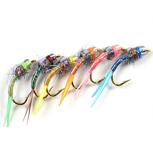 

6 pcs Flies Fishing Lures Flies Feathers Carbon Steel Mixed Material Sinking Fly Fishing Bait Casting Ice Fishing