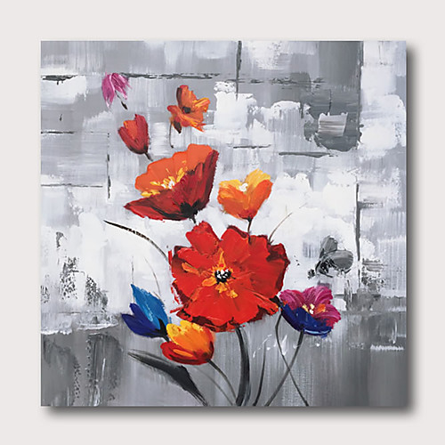 

Oil Painting Hand Painted Square Abstract Floral / Botanical Comtemporary Modern Stretched Canvas