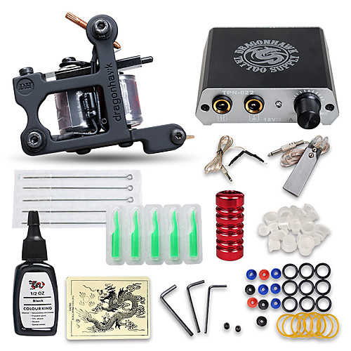 

DRAGONHAWK Tattoo Machine Starter Kit - 1 pcs Tattoo Machines with 1 x 15 ml tattoo inks, Professional, Kits, Easy to Install Alloy Mini power supply Case Not Included 1 cast iron machine liner