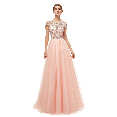 

A-Line Luxurious Sparkle Engagement Formal Evening Dress Illusion Neck Short Sleeve Floor Length Tulle with Beading 2021