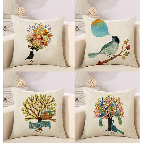 

4 pcs Cotton / Linen Pillow Cover Pillow Case, Botanical Anime Animal Nature Inspired Pastoral