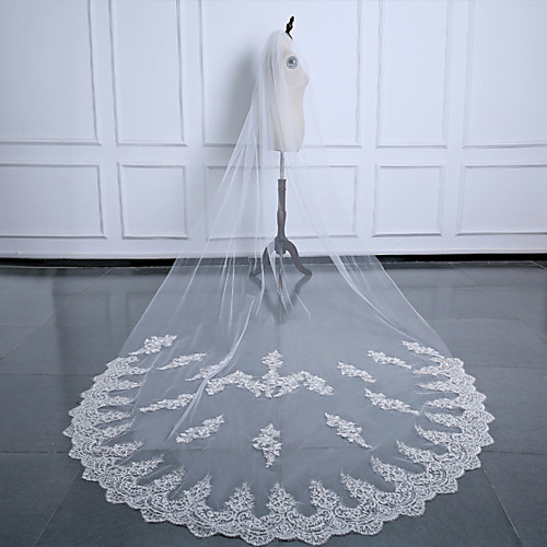 

One-tier Luxury / Flower Style Wedding Veil Cathedral Veils with Appliques 137.8 in (350cm) Tulle / Oval