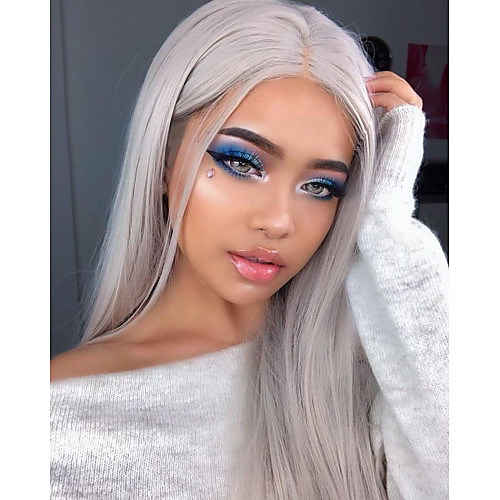 

Synthetic Lace Front Wig Straight Kardashian Straight Middle Part Lace Front Wig Long Grey Synthetic Hair 18-26 inch Women's Heat Resistant Natural Hairline Silver
