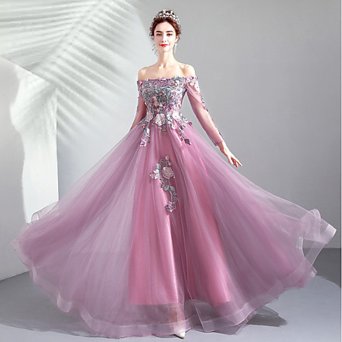 

A-Line Elegant Formal Evening Wedding Party Dress Off Shoulder Long Sleeve Floor Length Tulle with Beading Sequin Appliques 2020
