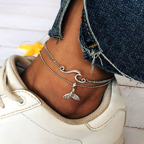 

Ankle Bracelet feet jewelry Simple Vintage Casual / Sporty Women's Body Jewelry For Gift Carnival Double Layered Alloy Fish Wave Silver 2pcs