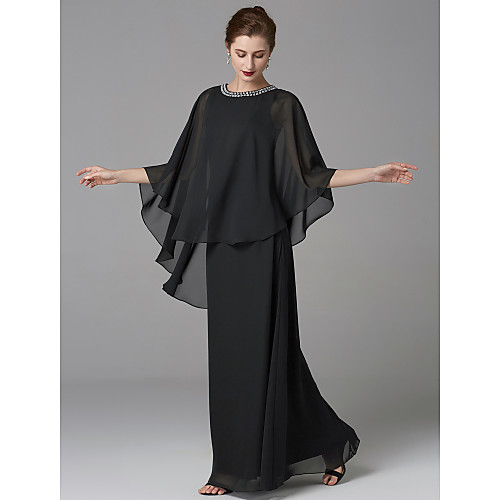 

A-Line Mother of the Bride Dress Elegant Plus Size Jewel Neck Floor Length Chiffon Sleeveless with Beading 2020