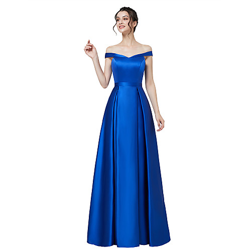 

A-Line Minimalist Elegant Wedding Guest Formal Evening Dress Off Shoulder Short Sleeve Floor Length Satin with Sleek 2021