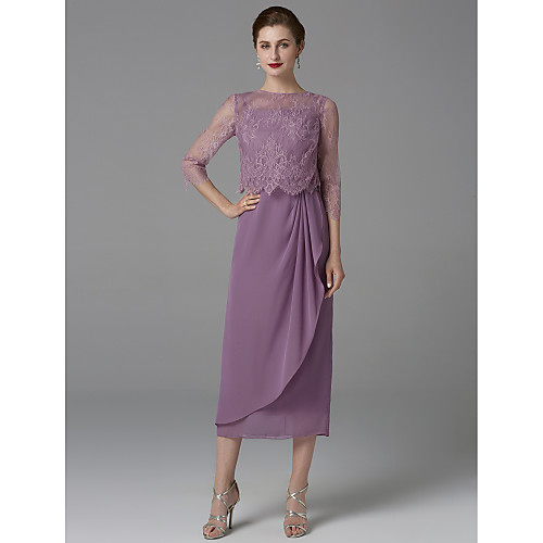 

Sheath / Column Mother of the Bride Dress Wrap Included Jewel Neck Tea Length Chiffon Lace 3/4 Length Sleeve with Pattern / Print 2021