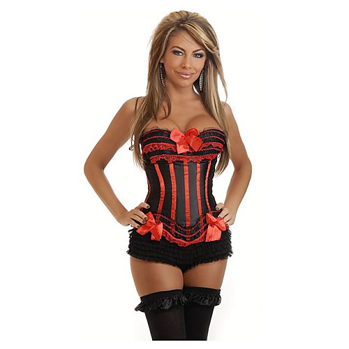 

Women's Cotton Lace Up Overbust Corset - Lines / Waves / Embroidered, Peplum / Bow Black Blue Purple S M L