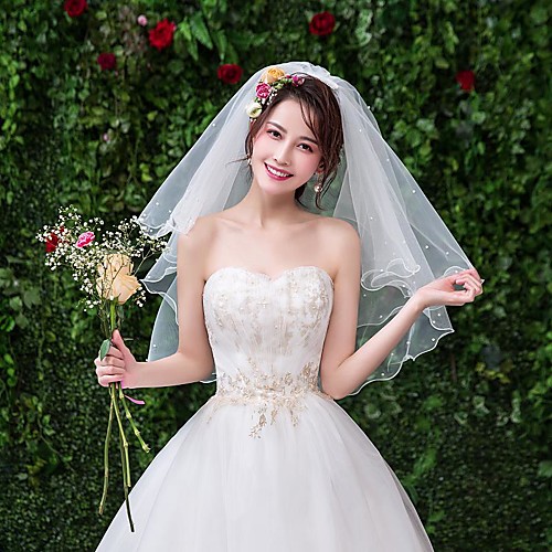 

Two-tier Classic & Timeless Wedding Veil Elbow Veils with Beading Tulle / Angel cut / Waterfall