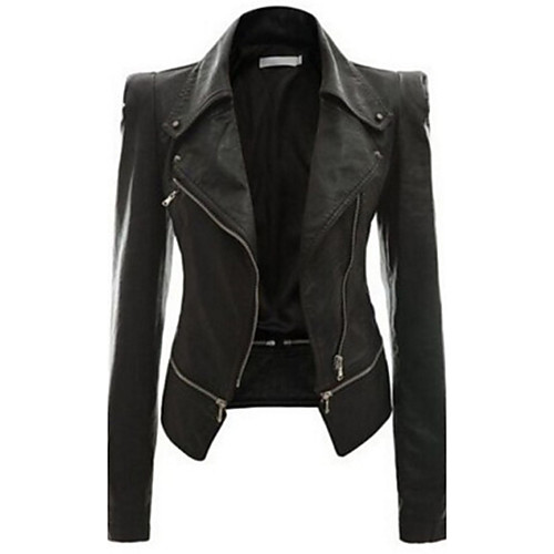 

Women's Solid Colored Fall Faux Leather Jacket Short Daily Long Sleeve Polyester Coat Tops Black