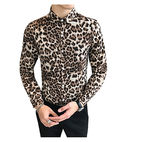 

Men's Leopard Shirt - Cotton White / Brown / Long Sleeve