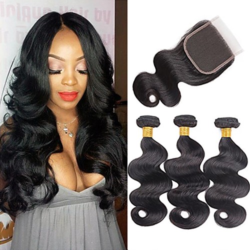 

3 Bundles with Closure Brazilian Hair Body Wave 100% Remy Hair Weave Bundles 345 g Natural Color Hair Weaves / Hair Bulk Bundle Hair One Pack Solution 8-20 inch Natural Color Human Hair Weaves Smooth