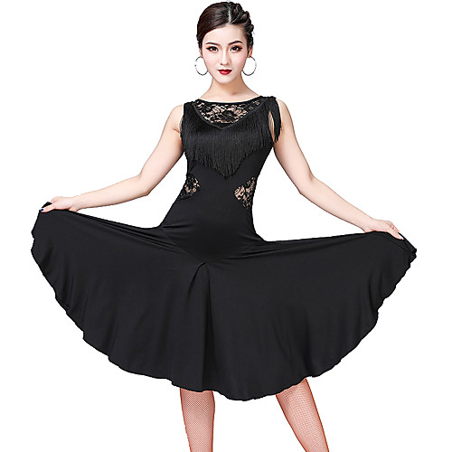 

Latin Dance Dress Lace Tassel Women's Training Performance Sleeveless Lace Milk Fiber