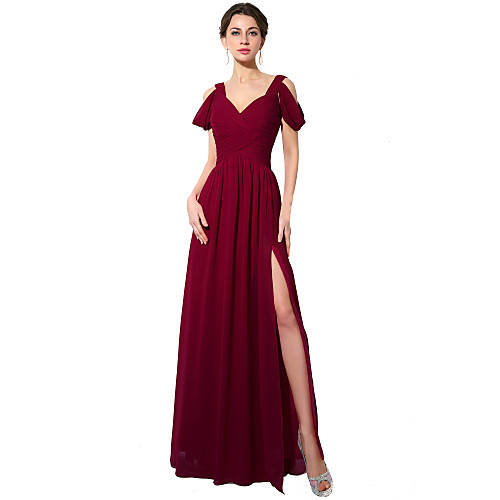 

A-Line Minimalist Sexy Wedding Guest Formal Evening Dress Spaghetti Strap Short Sleeve Floor Length Chiffon with Ruched Split 2021