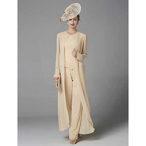 

Pantsuit / Jumpsuit Mother of the Bride Dress Elegant Plus Size Bateau Neck Floor Length Chiffon Sleeveless with Beading Appliques 2020