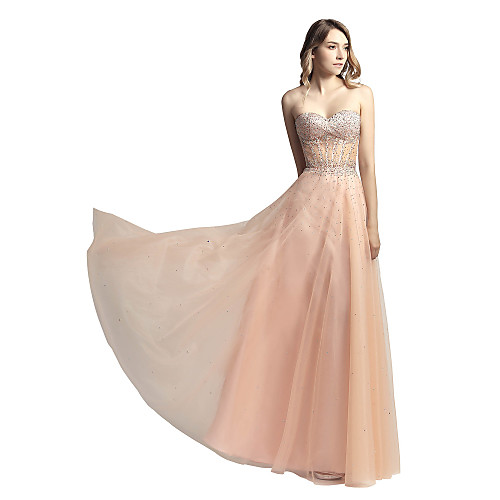 

A-Line Glittering Sexy Prom Formal Evening Dress Sweetheart Neckline Sleeveless Floor Length Tulle with Crystals 2021