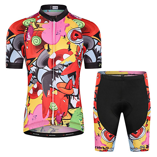 

Malciklo Boys' Girls' Short Sleeve Cycling Jersey with Shorts - Kid's Red / Yellow Floral Botanical Bike Clothing Suit UV Resistant Breathable Moisture Wicking Quick Dry Reflective Strips Sports Lycra