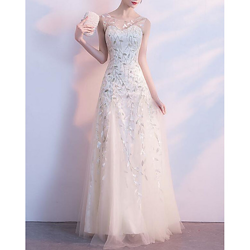 

A-Line White Elegant Wedding Guest Formal Evening Dress Illusion Neck Sleeveless Floor Length Tulle Floral Lace with Embroidery Pattern / Print 2021