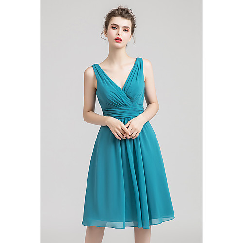 

A-Line Flirty Minimalist Homecoming Cocktail Party Dress V Neck Sleeveless Knee Length Chiffon with Pleats Ruched 2021