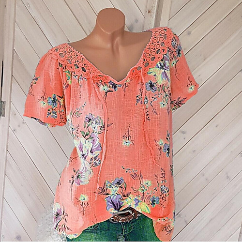 

Women's Plus Size Solid Colored Lace Floral Style Fashion T-shirt Daily Wear V Neck White / Blushing Pink / Orange / Royal Blue / Light Green / Print