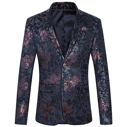 

Wine / Navy Blue Paisley / Floral Regular Fit Rayon / Polyester Men's Suit - Notch lapel collar / Plus Size