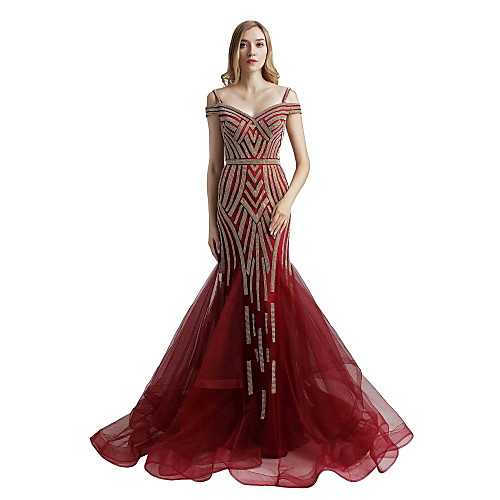 

Mermaid / Trumpet Sparkle Elegant Engagement Prom Dress Spaghetti Strap Short Sleeve Court Train Tulle with Crystals 2021