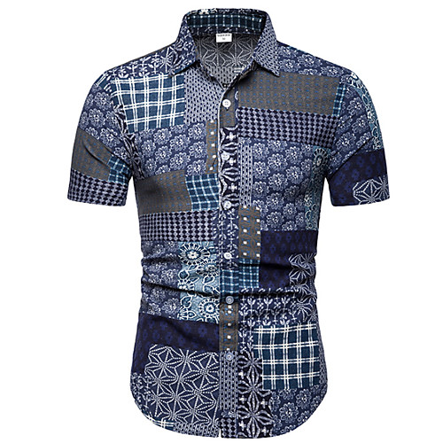 

Men's Plaid Tribal Slim Shirt Navy Blue / Short Sleeve