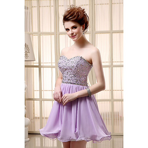 

A-Line Flirty Sparkle Homecoming Cocktail Party Dress Sweetheart Neckline Sleeveless Short / Mini Chiffon with Beading Sequin 2021