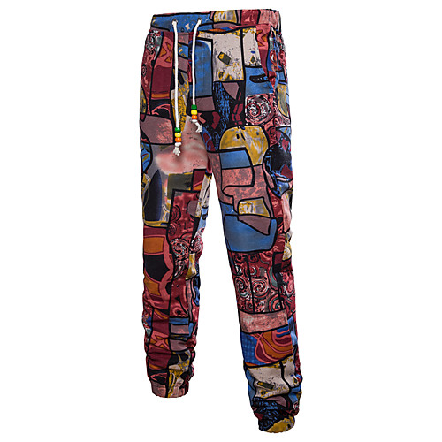 

Men's Street chic Chinoiserie Plus Size Skinny Chinos Pants - Print Pattern Print Drawstring Linen Red Khaki L / XL / XXL