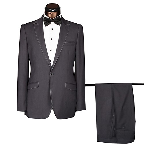 

Colored Gray / Black Solid Colored Standard Fit Polyster / Cotton Suit - Peak Single Breasted One-button / Suits