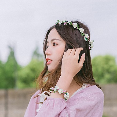 

Women's Girls' Headbands Tiaras For Wedding Party Special Occasion Daily Flower Fabric Pink White Pink Tiara with Bracelet