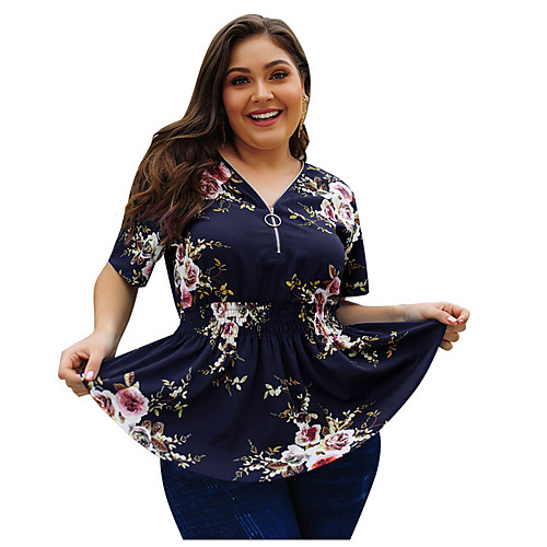 

Women's Shirt Floral Plus Size Print Tops White Navy Blue Beige