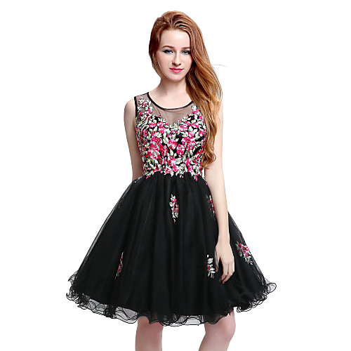 

A-Line Little Black Dress Floral Homecoming Cocktail Party Dress Illusion Neck Sleeveless Short / Mini Tulle with Crystals Appliques 2021