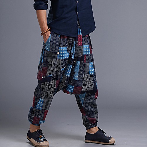 

Men's Exaggerated Harem Pants - Geometric Pattern Blue Red One-Size